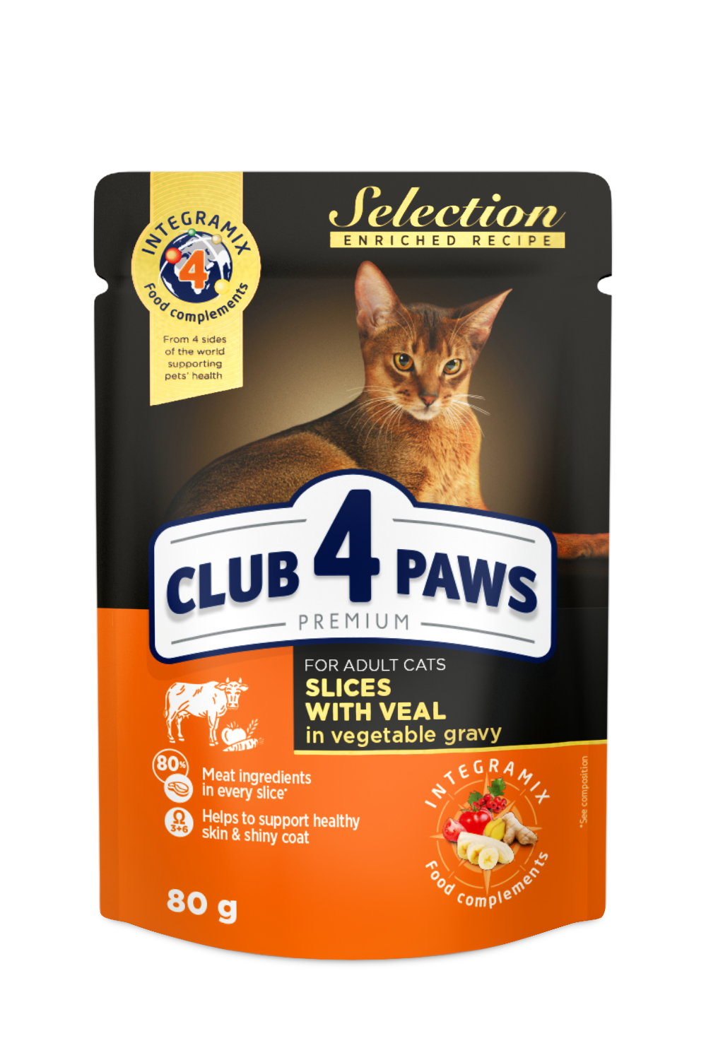 CLUB 4 PAWS POUCH PREMIUM ADULT CAT SLICES WITH VEAL IN VEGETABLE JELLY 0.080 GR. – Пълноценна консервирана храна за котки