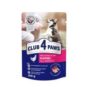 CLUB 4 PAWS пауч PREMIUM подрастващи куче с пилешко в желе 0.100 ГР. – Пълноценна консервирана храна за кученца