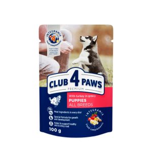 CLUB 4 PAWS пауч PREMIUM подрастващи куче с пуешко в сос 0,100 кг – Пълноценна консервирана храна за кученца