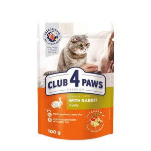 CLUB 4 PAWS пауч PREMIUM възрастни котка с заек в желе 0.100 – Пълноценна консервирана храна за котки