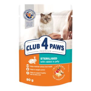 CLUB 4 PAWS пауч PREMIUM възрастни котка кастрирани с заек в желе 0.80 ГР. 24PCS – Пълноценна консервирана храна за котки