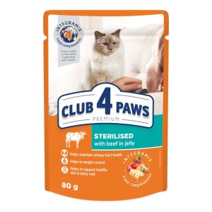 CLUB 4 PAWS пауч PREMIUM възрастни котка кастрирани с телешко в желе 0.80 ГР. 24PCS – Пълноценна консервирана храна за котки