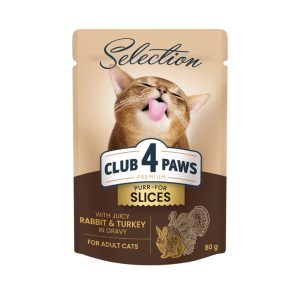 CLUB 4 PAWS пауч PREMIUM възрастни котка парченца с заек AND пуешко в сос 0.080 г. – Пълноценна консервирана храна за котки