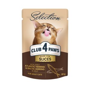 CLUB 4 PAWS пауч PREMIUM възрастни котка парченца с ATLANTIC HERRING AND BALTIC HERRING в желе 0.080 ГР. – Пълноценна консервирана храна за котки