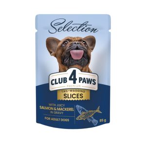 CLUB 4 PAWS Премиум пауч за възрастни кучета, късчета със сьомга и скумрия в сос 0,085 кг