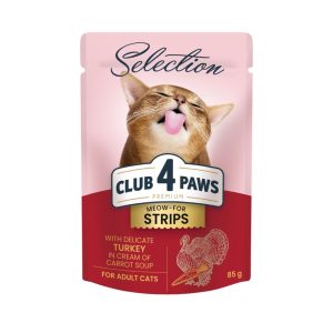 CLUB 4 PAWS пауч PREMIUM възрастни котка STRIPS с пуешко IN CREAM OF моркови SOUP 0.085 кг. – Пълноценна консервирана храна за котки