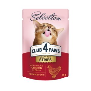 CLUB 4 PAWS пауч PREMIUM възрастни котка STRIPS с CHIKEN в сос 0.085 кг. – Пълноценна консервирана храна за котки
