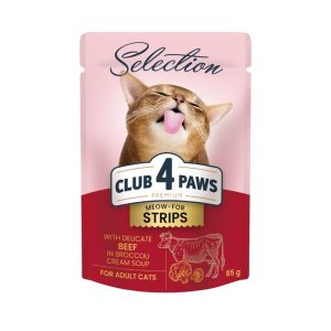 CLUB 4 PAWS пауч PREMIUM възрастни котка STRIPS с телешко IN BROCCOLI CREAM SOUP 0.085 кг. – Пълноценна консервирана храна за котки