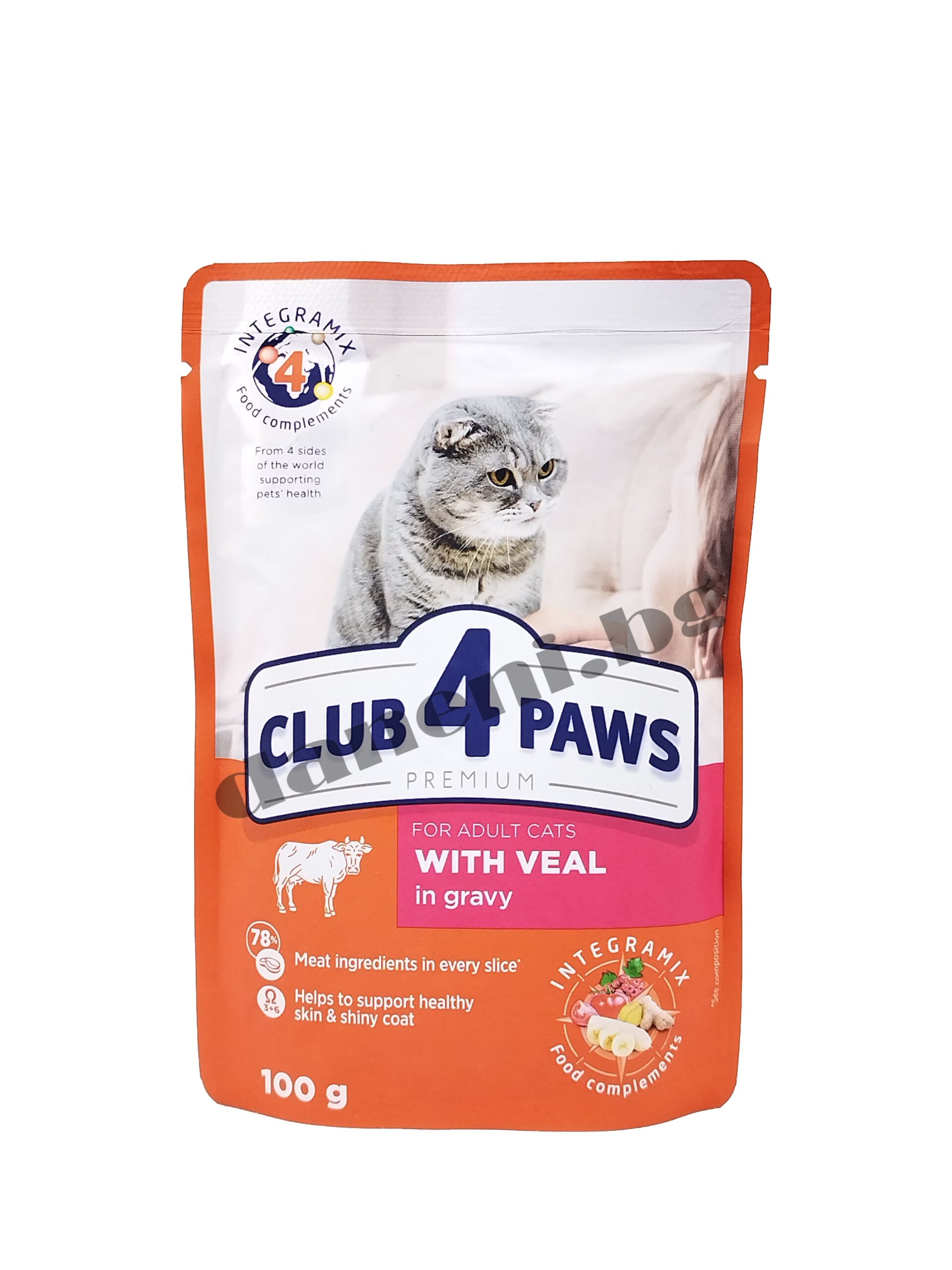CLUB 4 PAWS пауч PREMIUM възрастни котка с телешко в сос 0.100 ГР. 24. – Пълноценна консервирана храна за котки