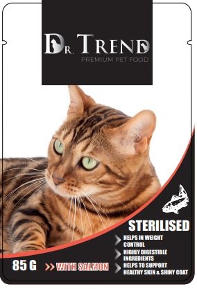 DR. TREND пауч котка кастрирани с сьомга 0,085 кг – Пълноценна консервирана храна за котки