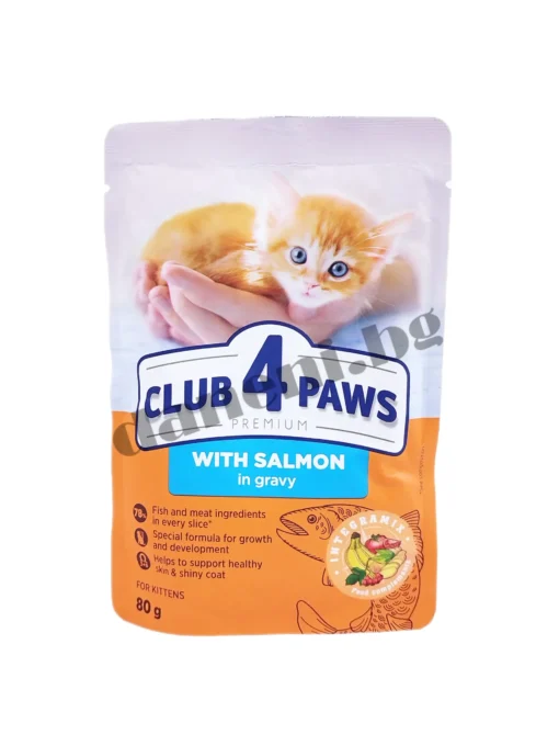 CLUB 4 PAWS пауч PREMIUM котка котенца с сьомга в сос 0.80 ГР. 24PCS – Пълноценна консервирана храна за котенца