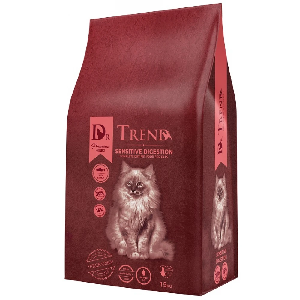 DR. TREND CAT COMPLETE DRY PET FOOD FOR ADULT CATS SENSITIVE DIGESTION 15 KG – ХРАНА ЗА КОТКИ С ЧУВСТВИТЕЛНА ХРАНОСМИЛАТЕЛНА СИСТЕМА